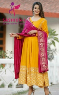 Yellow Trending Kurta Zari Work with Pink Rayon Dupatta - Yellow with Pink Dupatta